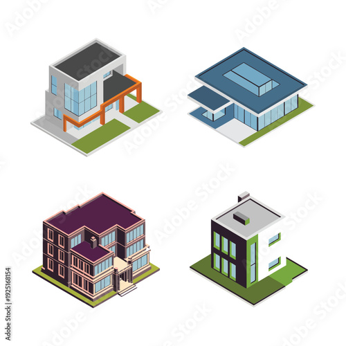 Isometric futuristic skyscraper set with smart city towers and landmark building, modern metropolis architecture vector for sci fi game map