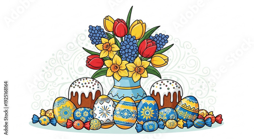 Colorful easter eggs and flowers in a vase on a white background springtime decoration