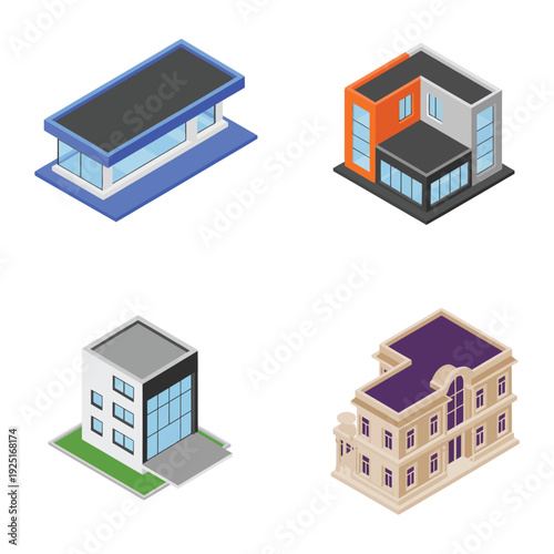 Isometric colorful apartment block set with green, yellow, pink and blue towers, urban housing vector for city neighborhood illustration