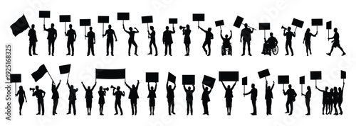 Crowd people at prostest march with megaphone holding placards banners signs in various poses black silhouettes set on white background vector illustration collection.