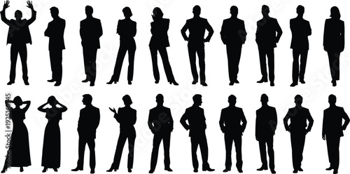 Black vector silhouette set of diverse business people in formal suits standing in various professional poses for corporate office team and leadership concepts