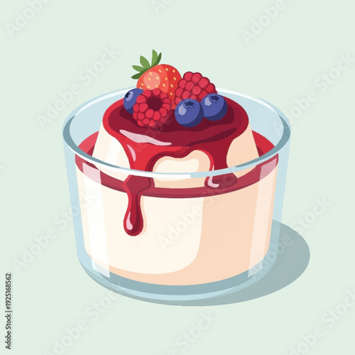 Delicious panna cotta dessert with fresh mixed berries and red sauce in a clear glass bowl, vector illustration.