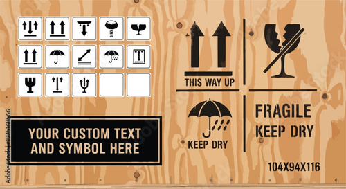Wooden Shipping Crate with Black Fragile Handling Symbols and Custom Text Area Vector