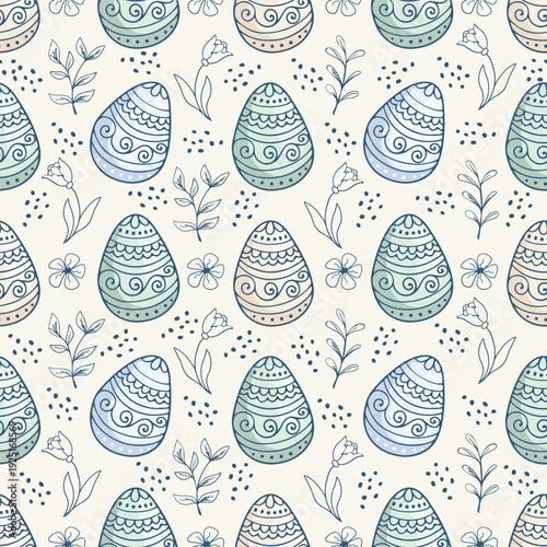Seamless Easter Egg Pattern in Soft Pastel Colors with Floral Elements