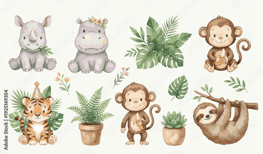 Fototapeta premium Cute sWatercolor baby jungle set with rhino, hippo, monkeys, tiger, sloth, leaves. Collection of Vector illustrations. Perfect for invitation, card, poster, banner, decoration