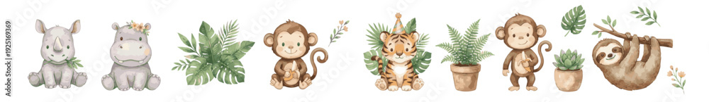 Fototapeta premium Cute safari animals clipart with tropical leaves and potted plants. Nursery. Collection of Vector illustrations. Perfect for invitation, card, poster, banner, decoration