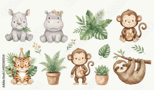 Cute sWatercolor baby jungle set with rhino, hippo, monkeys, tiger, sloth, leaves. Collection of Vector illustrations. Perfect for invitation, card, poster, banner, decoration