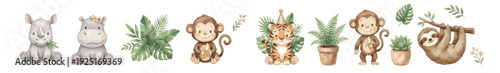 Cute safari animals clipart with tropical leaves and potted plants. Nursery. Collection of Vector illustrations. Perfect for invitation, card, poster, banner, decoration