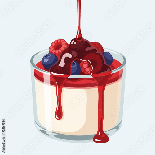 Delicious panna cotta dessert with fresh mixed berries and sweet red sauce being poured over it in a glass cup.