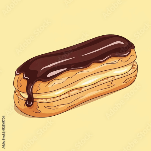 Delicious chocolate eclair with creamy filling and glossy icing on a plain background.