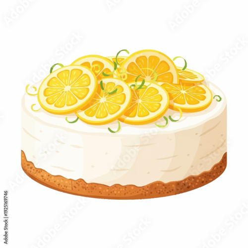 Delicious lemon cheesecake with fresh lemon slices and green zest on a white background, a sweet dessert treat.