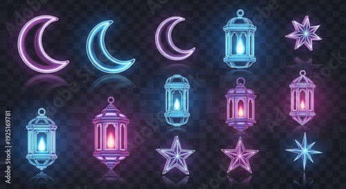 Neon ramadan symbols crescent moons lanterns and stars on a transparent background
