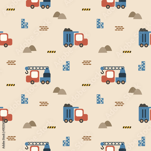 Truck crane red and blue cartoon so cute. On wall building pile of sand background. Pattern seamless vector illustration. 