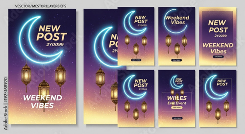 Neon crescent moon and lanterns on gradient background for social media posts