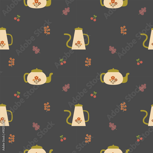 Teapot white and green cartoon so cute. On cherry leaf black background. Pattern seamless vector illustration. 
