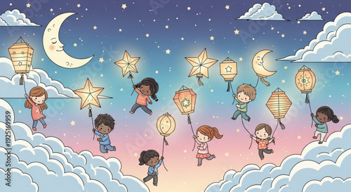 Children holding lanterns in the night sky with moon and stars