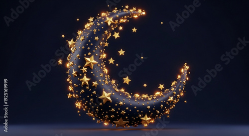 Crescent moon embellished with golden stars and sparkles on dark background