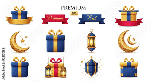 Islamic holiday celebration elements gift boxes crescent moons lanterns ribbons