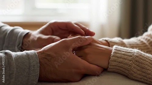 Close-up of Two People Holding Hands for Comfort Empathy and Mental Health Support Concept in Warm Indoor Setting