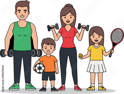 Happy active family with children holding dumbbells soccer ball and tennis racket flat vector illustration