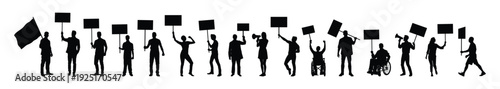 Silhouettes set of protesters various poses at demonstration march isolated vector illustration.