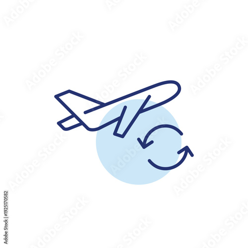 Airplane taking off and renew arrows. Flight schedule update, new time. Pixel perfect, editable stroke vector icon