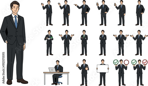 Set of businessman character in black suit with various poses including working on laptop, holding sign, and presenting flat vector illustration