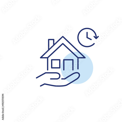 House in a hand and clock. Scheduled home maintenance and repairs. Mortgage or rent deadlines. Pixel perfect, editable stroke vector icon