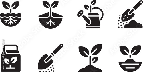 Set of gardening tools and plant growth icons isolated on transparent background