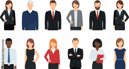 Set of diverse professional business people avatars and office worker characters in formal wear flat vector illustration