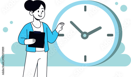 The illustration shows a woman holding a tablet and standing next to a large wall clock. She is pointing at the clock face, as if explaining something about time or a schedule. 