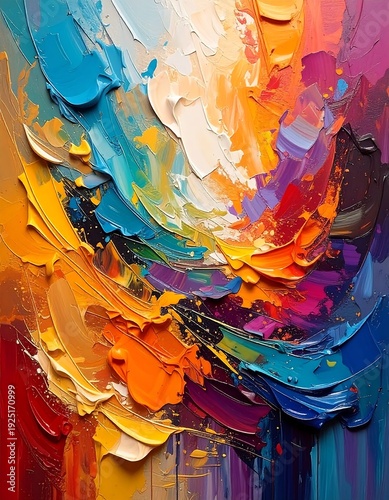 A vibrant abstract painting with swirling colors and thick textures