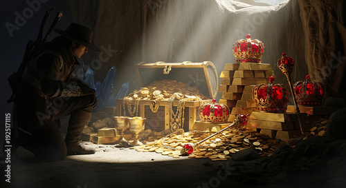 Adventurer discovers a hidden cave filled with glittering treasure, gold coins, stacks of gold bars, crowns, goblets, and large blue crystals