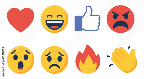 Social Media Reactions icon set, Heart Laugh Thumbs Up Angry Surprised Sad Fire Clapping Emoji Symbols