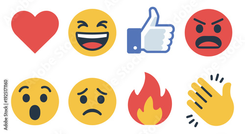 Social Media Reactions icon set, Heart Laugh Thumbs Up Angry Surprised Sad Fire Clapping Emoji Symbols