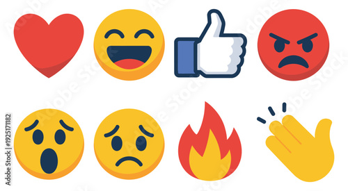 Social Media Reactions icon set, Heart Laugh Thumbs Up Angry Surprised Sad Fire Clapping Emoji Symbols