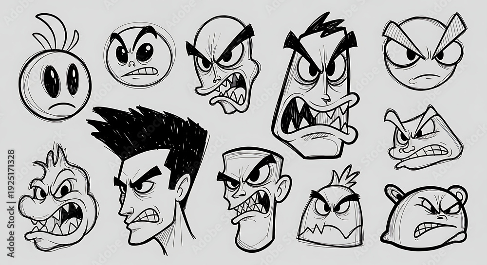 Obraz premium Hyper-Realistic Graffiti Character Doodle Elements Set - Cartoon-Style Faces, Monsters, and Urban Character Sketches on a Light Gray Background