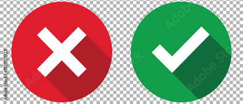 Correct and wrong icons signs, flat round buttons isolated on transparent background. Green check mark and red cross icon with shadow. Vector illustration.