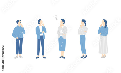 悩む女性ビジネスチームの全身イラストセット