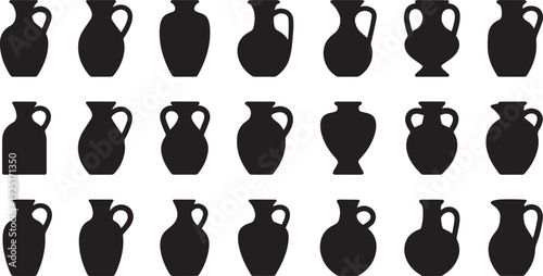 Set of various ancient Greek and Roman style pottery vases isolated on transparent background