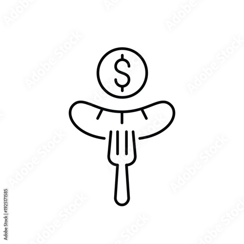 German sausage on fork and dollar. Fast food cost, snack purchase payment. Pixel perfect, editable stroke vector icon