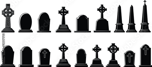 Cemetery graveyard headstone silhouettes set, various memorial gravestones tombstone crosses and obelisks icons collection, cad drawing flat vector illustration, isolated.