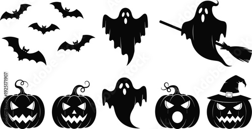 Spooky Halloween silhouettes set with jack o lantern pumpkins, flying bats, ghosts, witch on broomstick, and cemetery graveyard elements collection, cad drawing flat vector illustration.