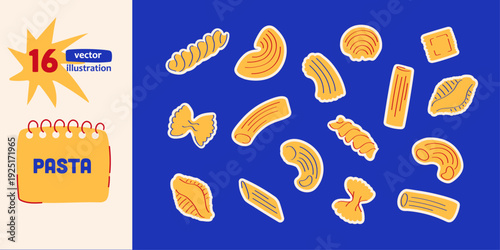 Set of vector stickers featuring various shapes of Italian pasta on a bright blue background.