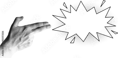 Template for retro pop art banner, speech bubble, explosion in a comic style, empty space for text. Halftone collage, hand gesture in the shape of a gun, two fingers, purple background.