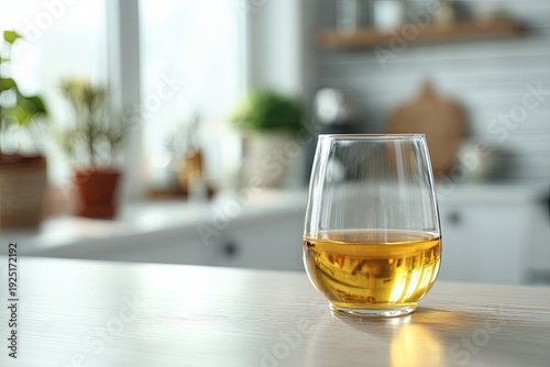 Golden mead beverage in a simple glass on a modern kitchen table, showcasing a refreshing drink