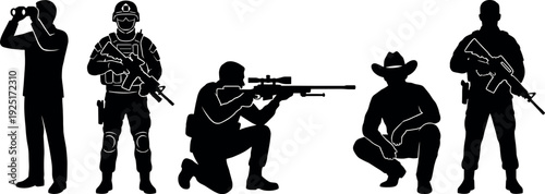 Silhouette of military soldiers, a sniper, a spotter with binoculars, and a cowboy in tactical gear, perfect for security and defense concepts.