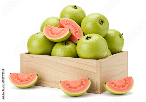 Fresh Green Guava Fruits In Wooden Box With Sliced Samples