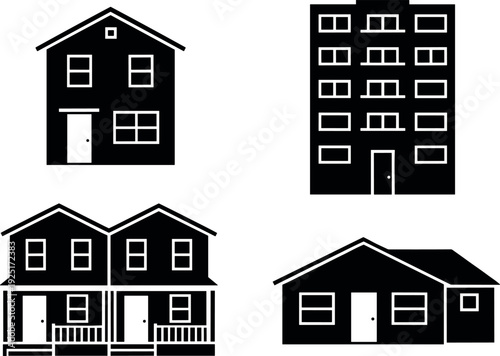 Set of house and apartment building silhouettes including detached home multi family dwelling and residential flat icons for real estate and architecture