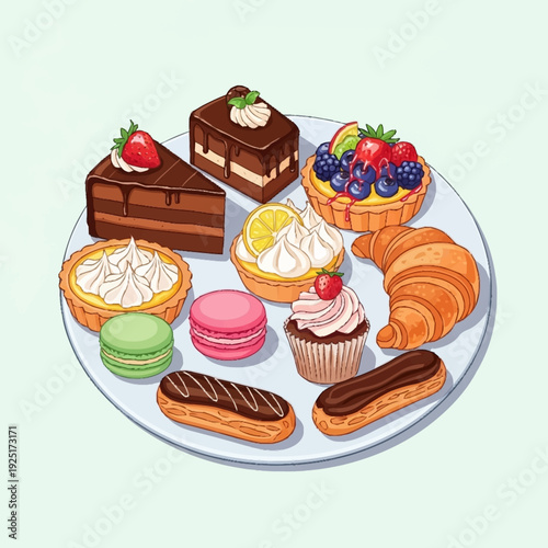 A delightful assortment of French and international pastries and desserts beautifully arranged on a white plate, featuring cakes, tarts, macarons, croissants, and eclairs.